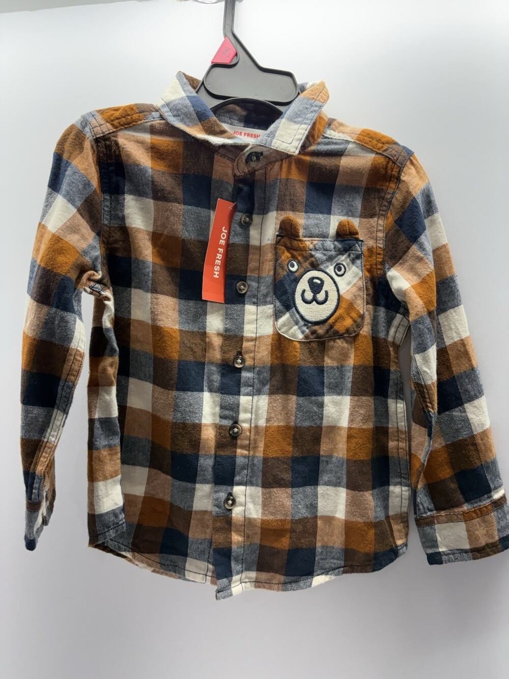 Joe Fresh Boys Size 3 Plaid Long Sleeve Cotton Button-Up Shirt Bear Pocket